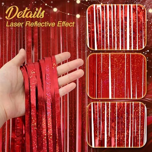 2 Pack Holographic Red Fringe Backdrop, 3.2x8.2ft Shining Foil Tinsel Curtains, Birthday Party Decorations Door, alternate