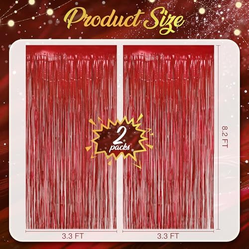 2 Pack Holographic Red Fringe Backdrop, 3.2x8.2ft Shining Foil Tinsel Curtains, Birthday Party Decorations Door, alternate