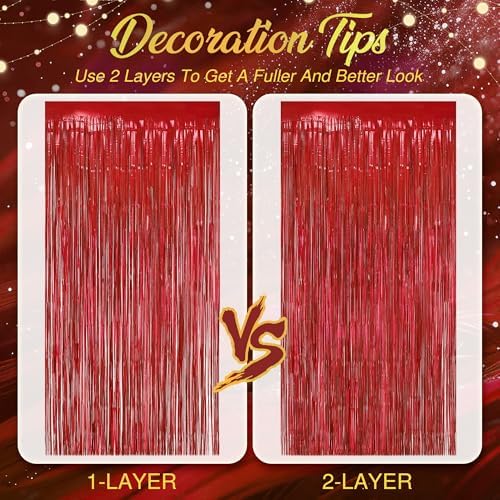 2 Pack Holographic Red Fringe Backdrop, 3.2x8.2ft Shining Foil Tinsel Curtains, Birthday Party Decorations Door, alternate