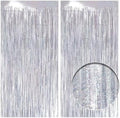2 Pack Holographic Silver Fringe Backdrop, 3.2x8.2ft Shining Foil Tinsel Curtains, Birthday Party Decorations