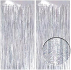 2 Pack Holographic Silver Fringe Backdrop, 3.2x8.2ft Shining Foil Tinsel Curtains, Birthday Party Decorations