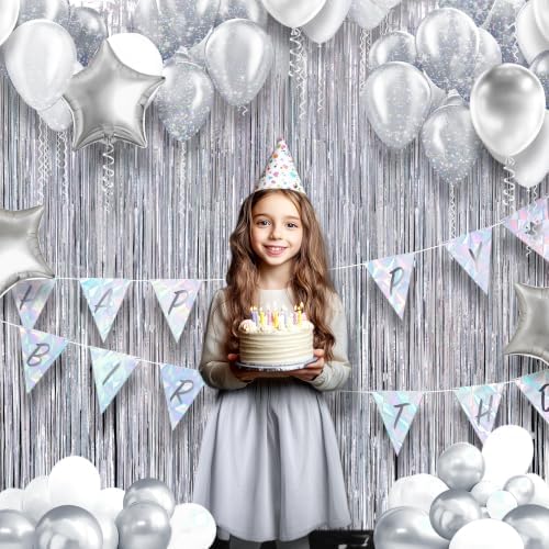 2 Pack Holographic Silver Fringe Backdrop, 3.2x8.2ft Shining Foil Tinsel Curtains, Birthday Party Decorations, alternate view