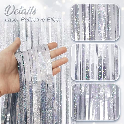 2 Pack Holographic Silver Fringe Backdrop, 3.2x8.2ft Shining Foil Tinsel Curtains, Birthday Party Decorations, alternate view