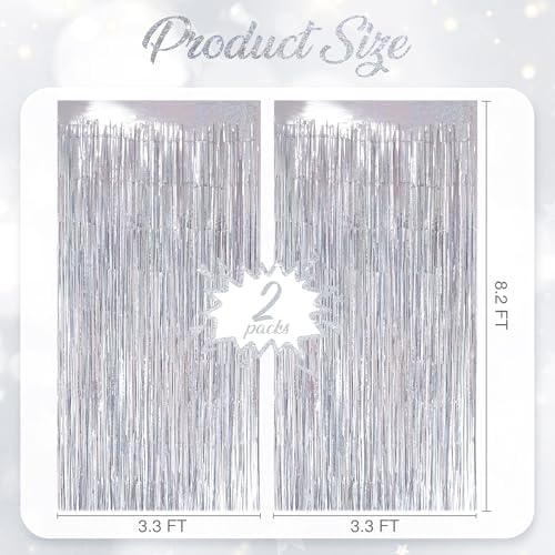 2 Pack Holographic Silver Fringe Backdrop, 3.2x8.2ft Shining Foil Tinsel Curtains, Birthday Party Decorations, alternate view