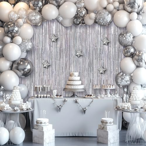 2 Pack Holographic Silver Fringe Backdrop, 3.2x8.2ft Shining Foil Tinsel Curtains, Birthday Party Decorations, alternate view