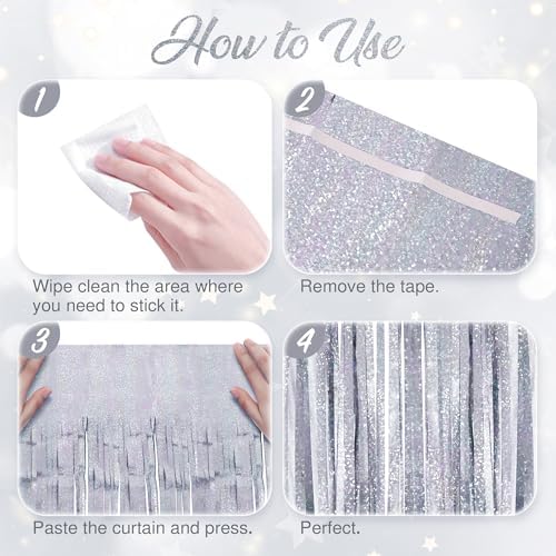 2 Pack Holographic Silver Fringe Backdrop, 3.2x8.2ft Shining Foil Tinsel Curtains, Birthday Party Decorations, alternate view