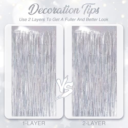 2 Pack Holographic Silver Fringe Backdrop, 3.2x8.2ft Shining Foil Tinsel Curtains, Birthday Party Decorations, alternate view