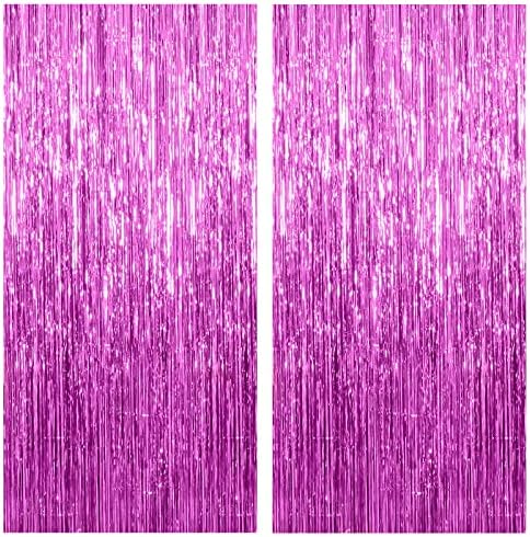 2 Pack Hot Pink Backdrop Curtain Party Streamers Hot Pink Birthday Decorations Foil Fringe Photo Backdrop Party