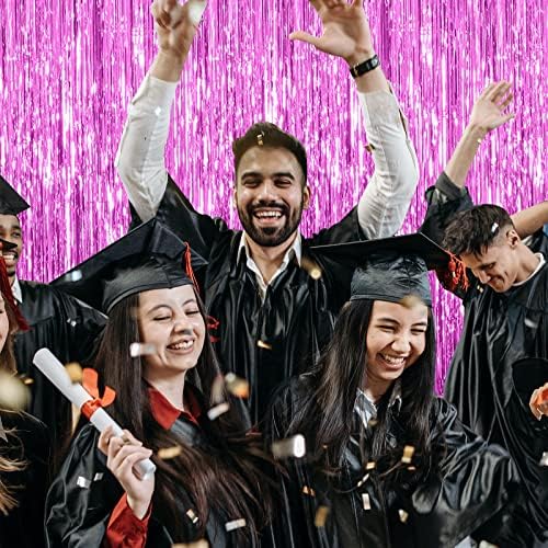 2 Pack Hot Pink Backdrop Curtain Party Streamers Hot Pink Birthday Decorations Foil Fringe Photo Backdrop Party, alternate