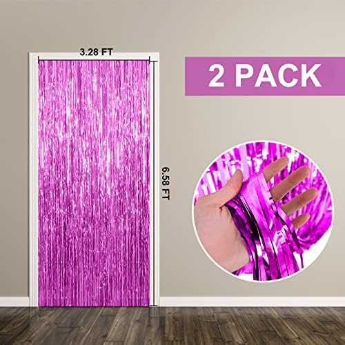 2 Pack Hot Pink Backdrop Curtain Party Streamers Hot Pink Birthday Decorations Foil Fringe Photo Backdrop Party, alternate