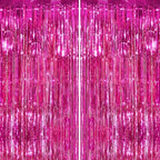 2 Pack Hot Pink Foil Fringe Curtains, Metallic Tinsel Streamers