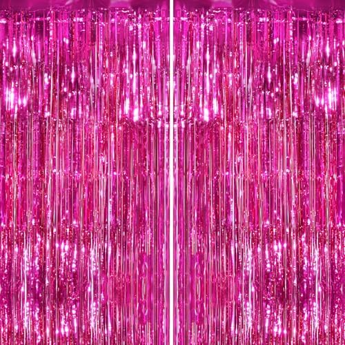 2 Pack Hot Pink Foil Fringe Curtains, Metallic Tinsel Streamers