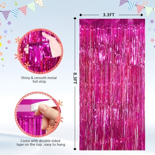 2 Pack Hot Pink Foil Fringe Curtains, Metallic Tinsel Streamers, alternate view 3