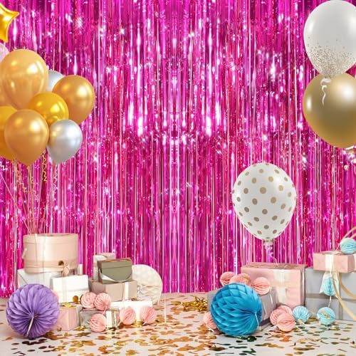 2 Pack Hot Pink Foil Fringe Curtains, Metallic Tinsel Streamers, alternate view 5