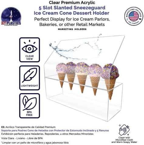 2 Pack Ice Cream Cone Holder 5 Slot Clear Acrylic Countertop Dessert Display with Slanted Sneeze Guard for Ice, alternate