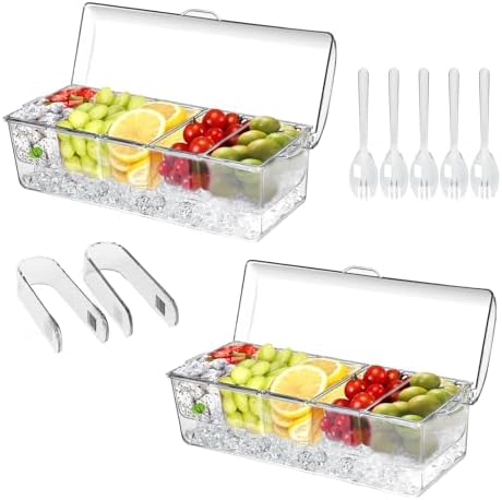 2 Pack Large Ice Chilled Condiment Caddy, Condiment Containers with Lids in Large in Clear