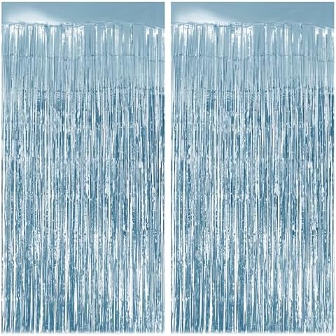 2 Pack Light Blue Fringe Backdrop, 3.2x8.2ft Shining Foil Tinsel Curtains, Birthday Party Decorations Door