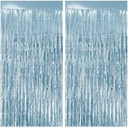 2 Pack Light Blue Fringe Backdrop, 3.2x8.2ft Shining Foil Tinsel Curtains, Birthday Party Decorations Door