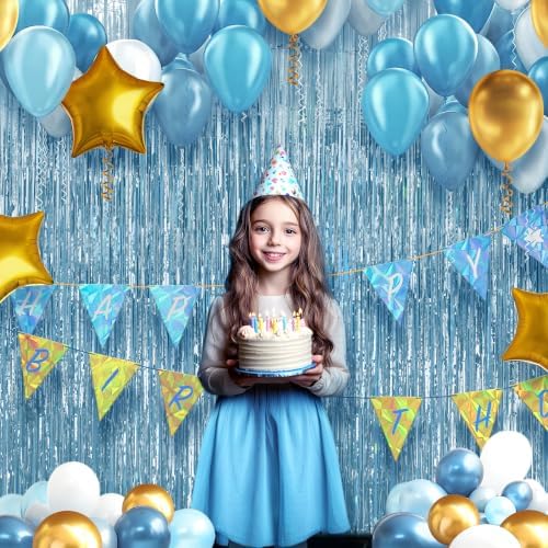 2 Pack Light Blue Fringe Backdrop, 3.2x8.2ft Shining Foil Tinsel Curtains, Birthday Party Decorations Door, alternate view 2