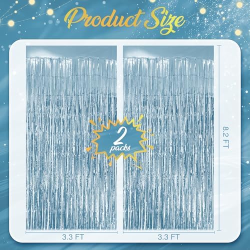 2 Pack Light Blue Fringe Backdrop, 3.2x8.2ft Shining Foil Tinsel Curtains, Birthday Party Decorations Door, alternate view 4