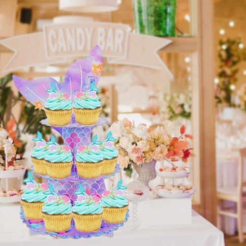 2 Pack Mermaid 3 Tier Cardboard Cupcake Stand Dessert Display Holder in 7Inch in Mermaid-2PCS, alternate view 2