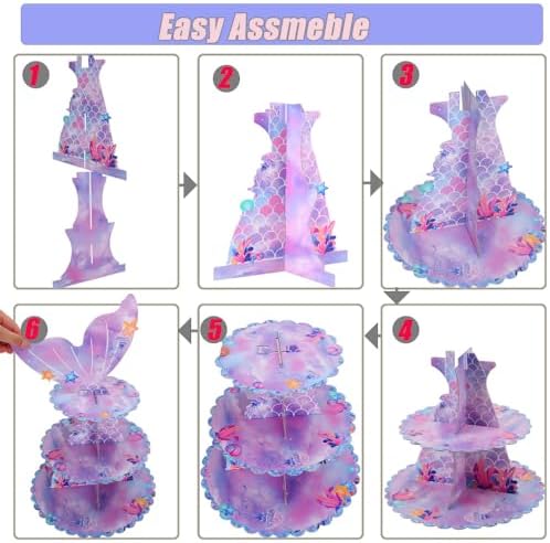 2 Pack Mermaid 3 Tier Cardboard Cupcake Stand Dessert Display Holder in 7Inch in Mermaid-2PCS, alternate view 5