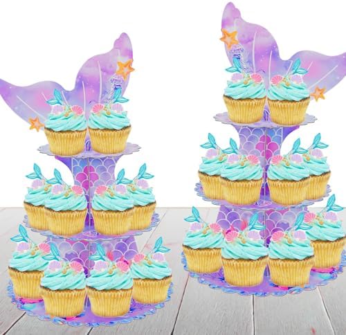 2 Pack Mermaid 3 Tier Cardboard Cupcake Stand Dessert Display Holder in 7Inch in Mermaid-2PCS, alternate view 6