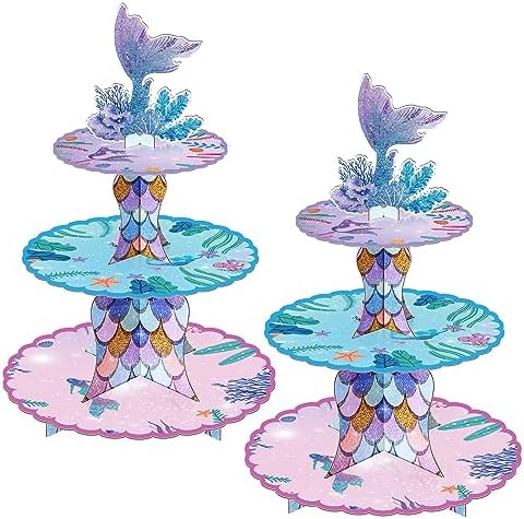 2 Pack Mermaid Cupcake Stand Birthday Party Decorations Under The Sea Favor in Colorful