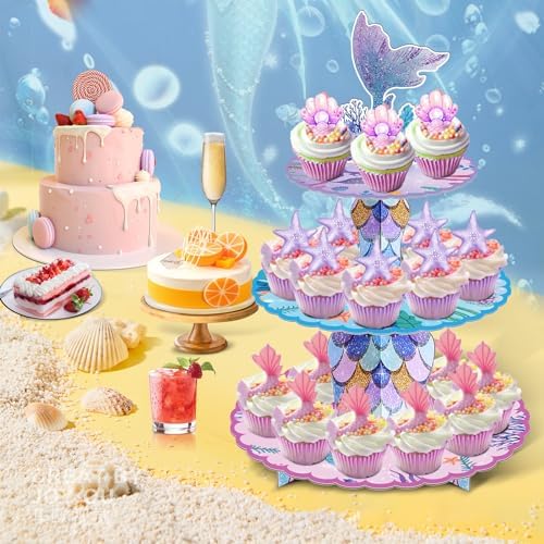 2 Pack Mermaid Cupcake Stand Birthday Party Decorations Under The Sea Favor in Colorful, alternate view 2