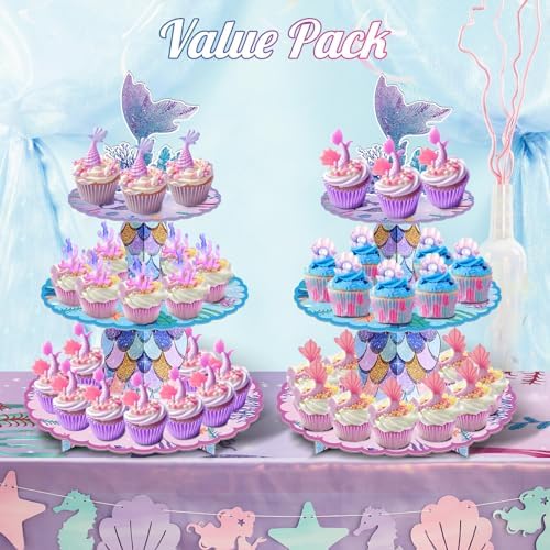 2 Pack Mermaid Cupcake Stand Birthday Party Decorations Under The Sea Favor in Colorful, alternate view 5