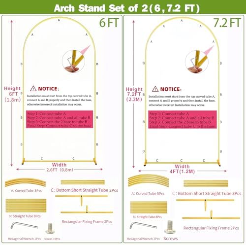 2 Pack Metal Arch Backdrop Stand 7.2FT, 6FT Wedding Balloon Floral Frame, alternate view 4