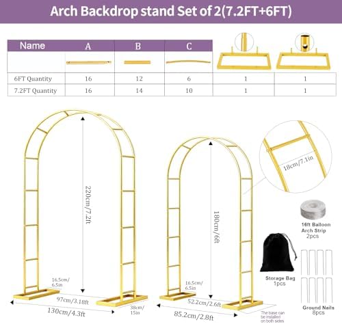 2 Pack Metal Wedding Arch (6 ft, 7.2 ft) Backdrop Stand with Base, alternate view 4