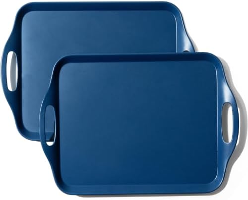 2-Pack Navy Blue Bamboo Fiber Serving Trays - 17.3×12.2-inch Extra Large w/Handles Tray, Platters for 4th of