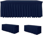 2 Pack Navy Spandex Table Covers 4ft Rectangle Ruffle Skirts for Party in 24x48 Inch| 2 Pack in Navy