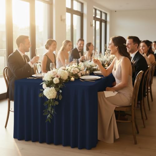 2 Pack Navy Spandex Table Covers 4ft Rectangle Ruffle Skirts for Party in 24x48 Inch| 2 Pack in Navy, alternate view 2