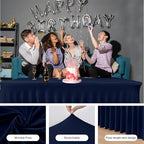 2 Pack Navy Spandex Table Covers 4ft Rectangle Ruffle Skirts for Party in 24x48 Inch| 2 Pack in Navy, alternate view 4