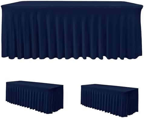 2 Pack Navy Spandex Table Covers 8ft Rectangle Ruffle Skirts for Party in 30x96 Inch| 2 Pack in Navy