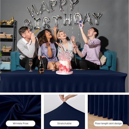 2 Pack Navy Spandex Table Covers 8ft Rectangle Ruffle Skirts for Party in 30x96 Inch| 2 Pack in Navy, alternate view 4