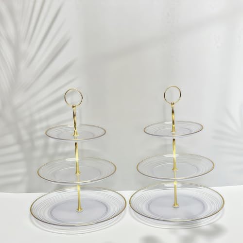 2 Pack of 3 Tiered Transparent Plastic Dessert Cup Cake Stand Holder in Clear & Gold