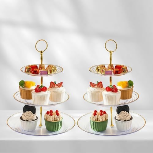 2 Pack of 3 Tiered Transparent Plastic Dessert Cup Cake Stand Holder in Clear & Gold, alternate view 2