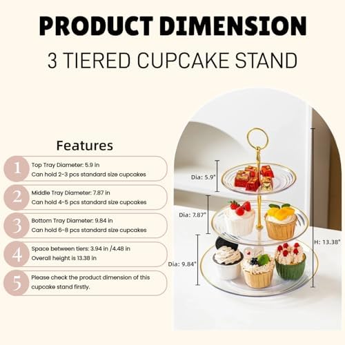 2 Pack of 3 Tiered Transparent Plastic Dessert Cup Cake Stand Holder in Clear & Gold, alternate view 3