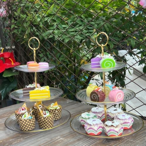 2 Pack of 3 Tiered Transparent Plastic Dessert Cup Cake Stand Holder in Clear & Gold, alternate view 6