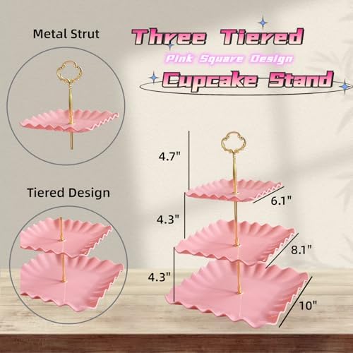 2 Pack of Pink Square Dessert Cupcake Stand, 3 Tiered Plastic Serving Tray in Pink, alternate view 3