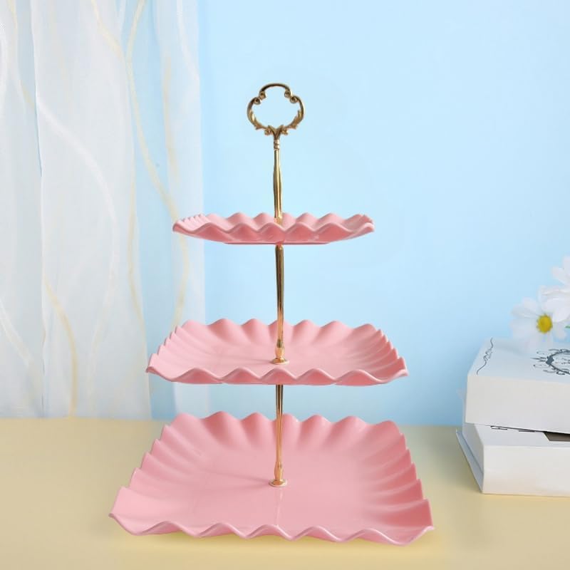 2 Pack of Pink Square Dessert Cupcake Stand, 3 Tiered Plastic Serving Tray in Pink, alternate view 5
