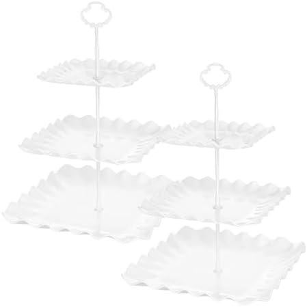 2 Pack of White Square Dessert Cupcake Stand, 3 Tiered Plastic Serving Tray in White