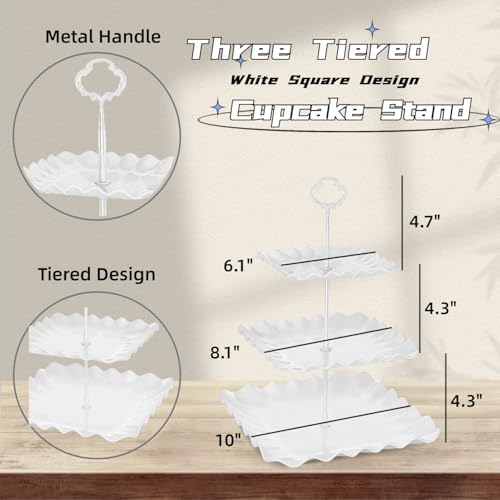 2 Pack of White Square Dessert Cupcake Stand, 3 Tiered Plastic Serving Tray in White, alternate view 3
