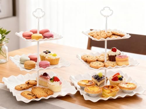 2 Pack of White Square Dessert Cupcake Stand, 3 Tiered Plastic Serving Tray in White, alternate view 6