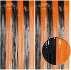2 Pack Orange & Black Fringe Backdrop, 3.2x8.2ft Shining Foil Tinsel Curtains, Birthday Party Decorations Door