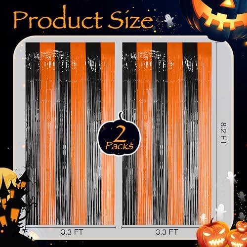 2 Pack Orange & Black Fringe Backdrop, 3.2x8.2ft Shining Foil Tinsel Curtains, Birthday Party Decorations Door, alternate