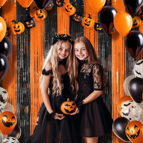 2 Pack Orange & Black Fringe Backdrop, 3.2x8.2ft Shining Foil Tinsel Curtains, Birthday Party Decorations Door, alternate